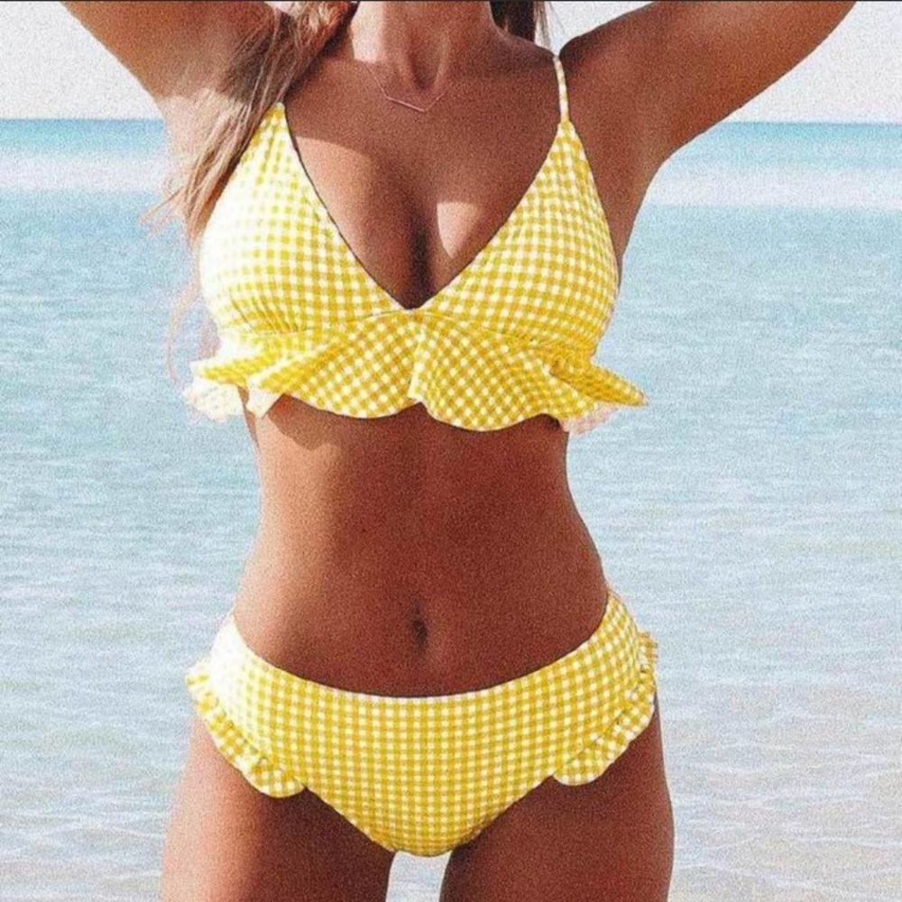 Gingham Ruffled Bikini Set Yellow Sz Large